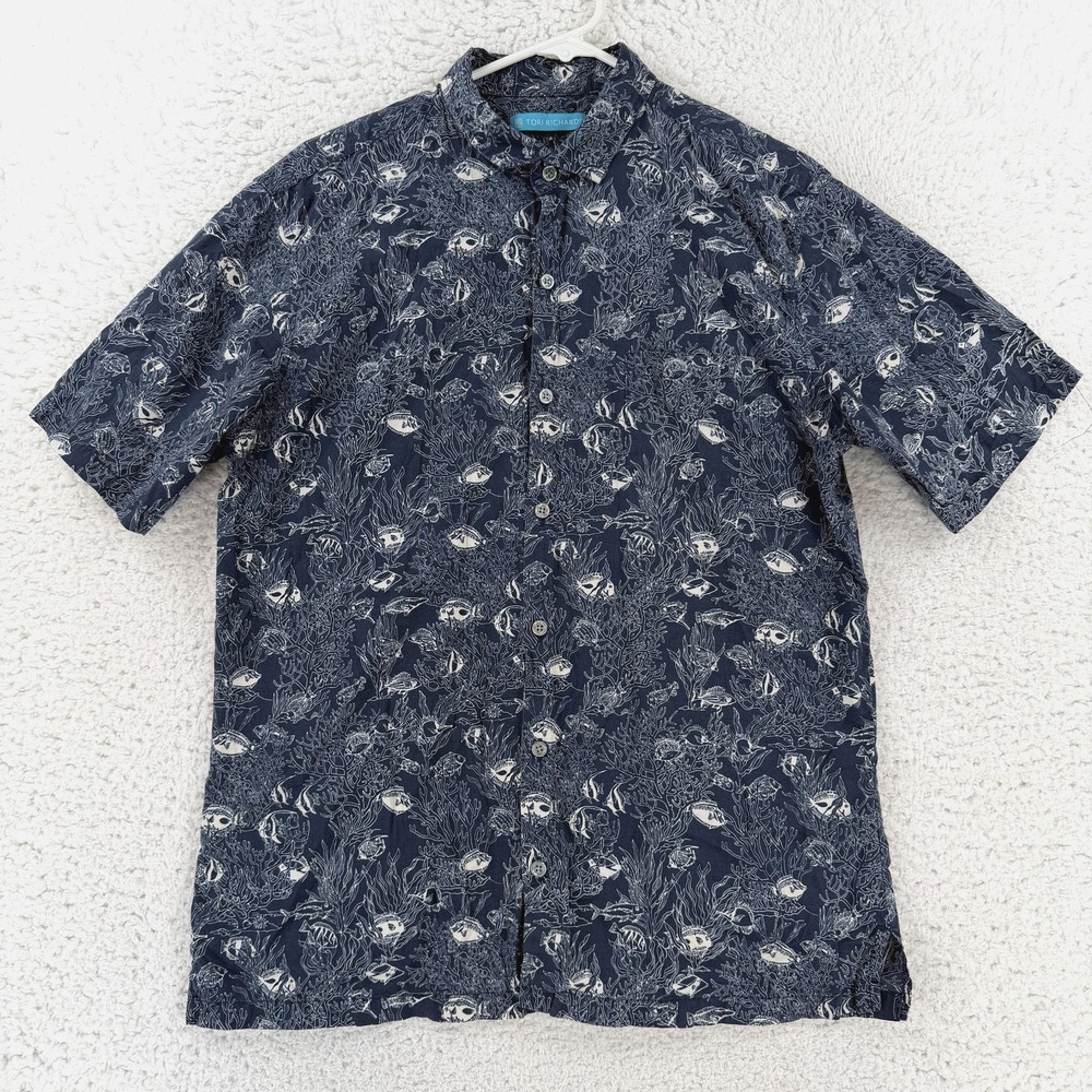 Tori Richard Shirt Mens Medium Blue Fish Hawaiian Short Sleeve Button Up Aloha